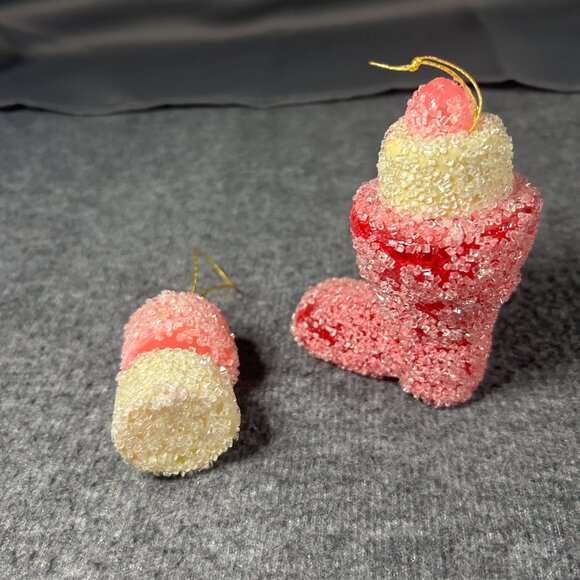 Vintage Jewelbrite Sugar Coated Boot Candy Ornaments Neon Pink Red Whit Lot of 2 - Picture 4 of 6